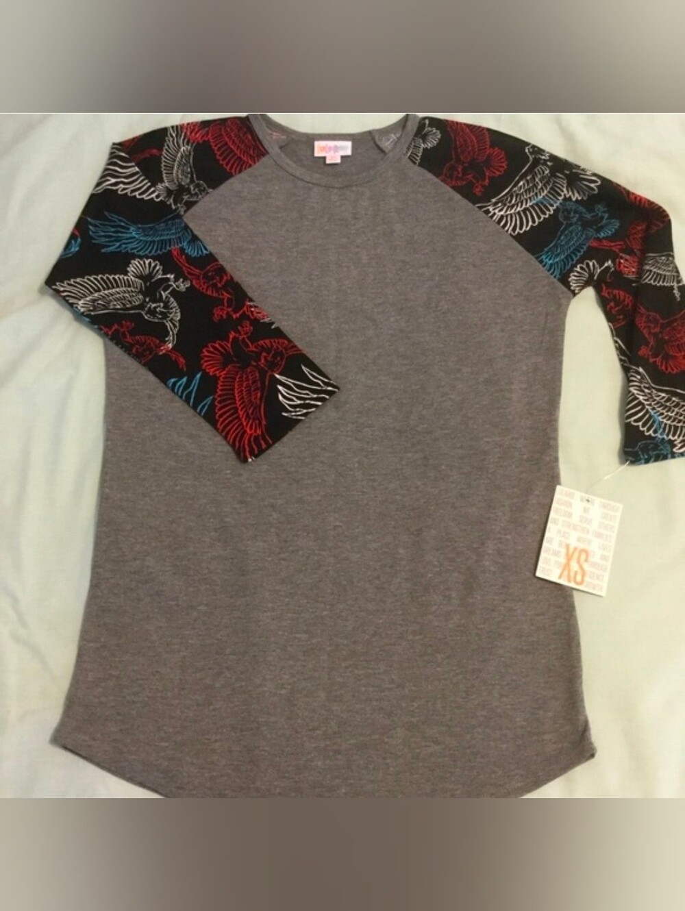 LuLaRoe | Randy Gray Raglan Tee with Black Printed Bird Sleeves